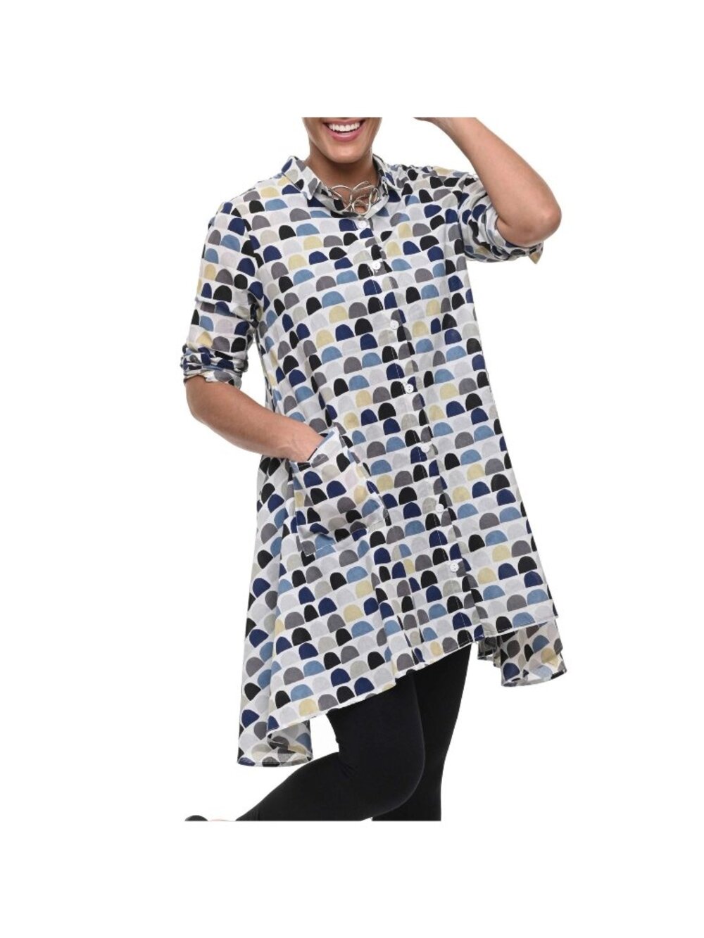 Tulip Demi Tunic Top XS Geometric Brady Print Button Front Asymmetric Hem Cotton